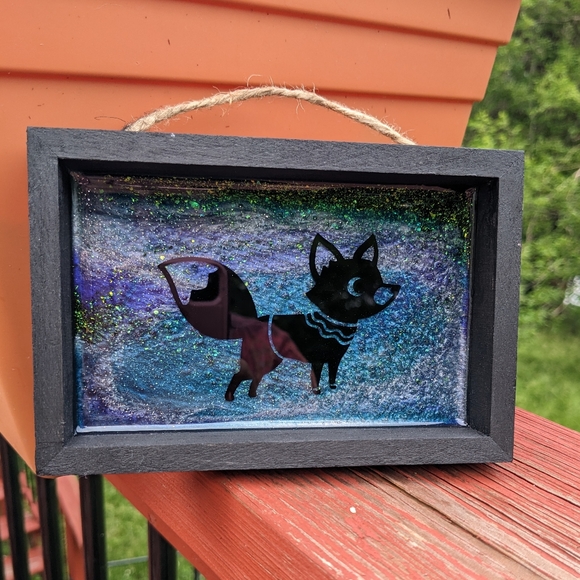 Fall Fox Wall Hanging Handmade Resin Art Sparkly Wood Shadowbox Canvas Cute - Picture 1 of 6